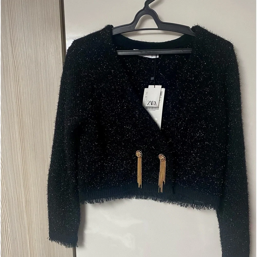 Zara metallic treads knitted jacket with ornament & chains